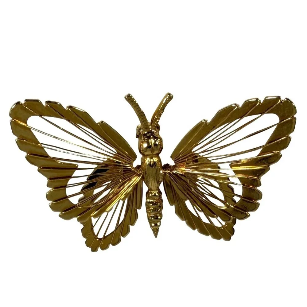 Vintage Signed MONET Golden Butterfly Brooch Pin Open Wire Layered Wings 2